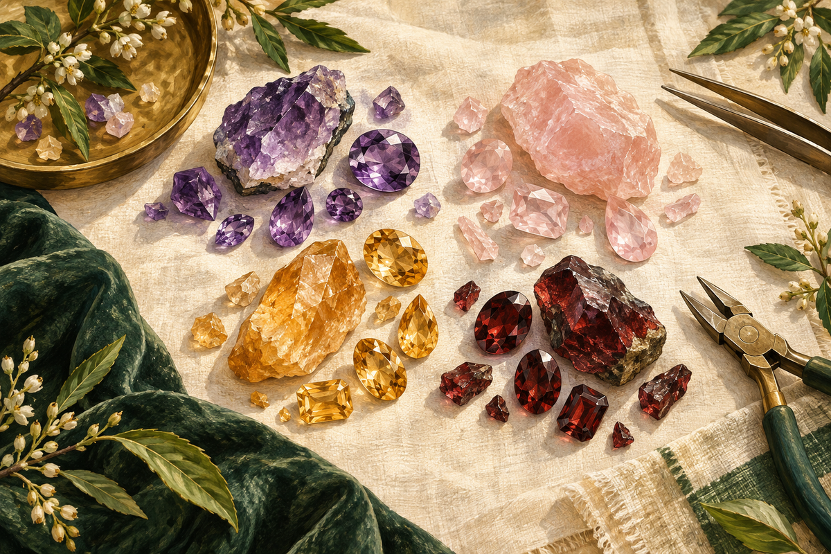 Editorial illustration of amethyst, rose quartz, citrine and garnet with jewelry-making tools.