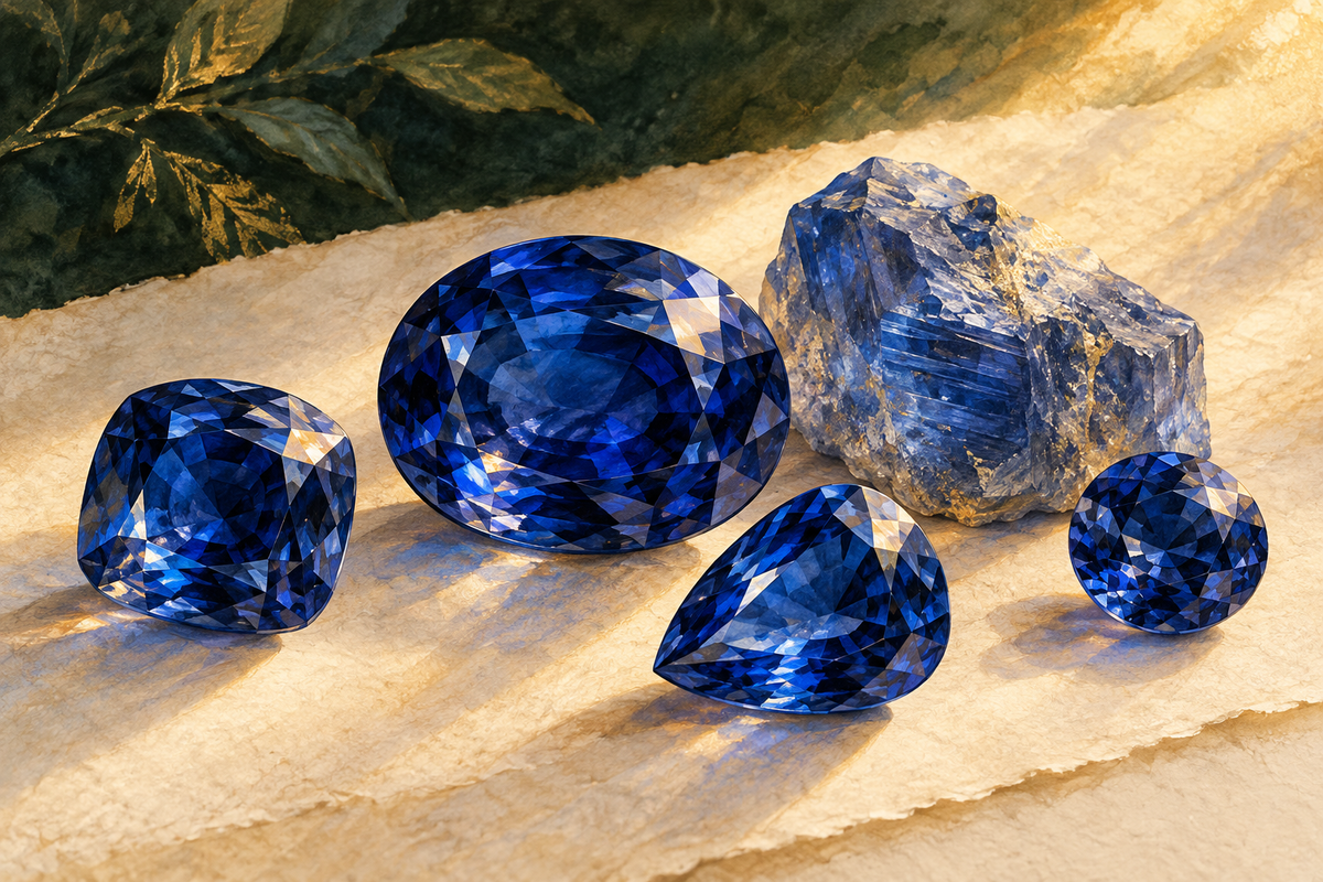 Editorial illustration of blue faceted sapphires and a rough sapphire on ivory paper.