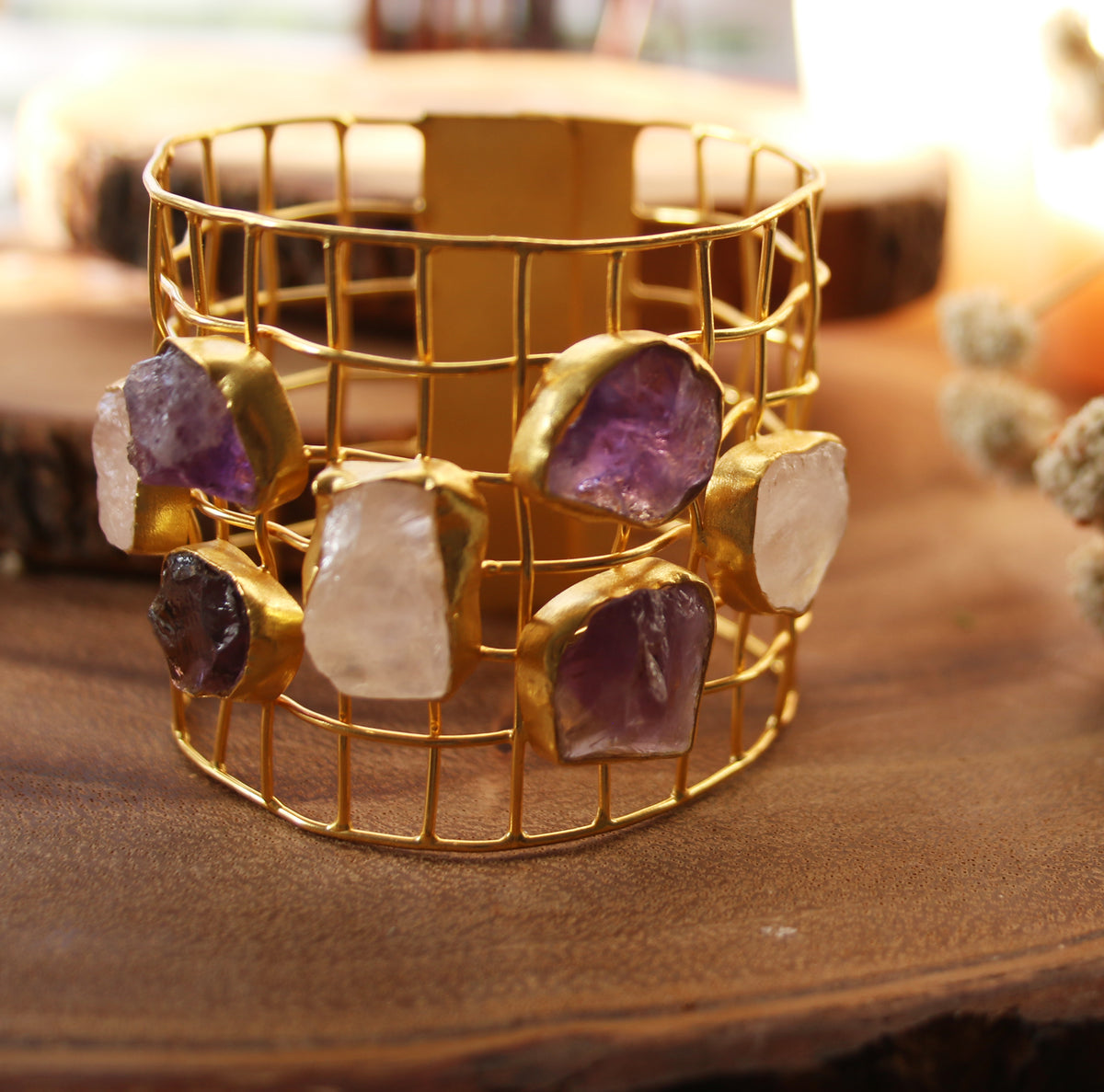 Cage Cuff With Natural Stones by Soenaar, handcrafted 18k gold-plated jewelry (photo 2)
