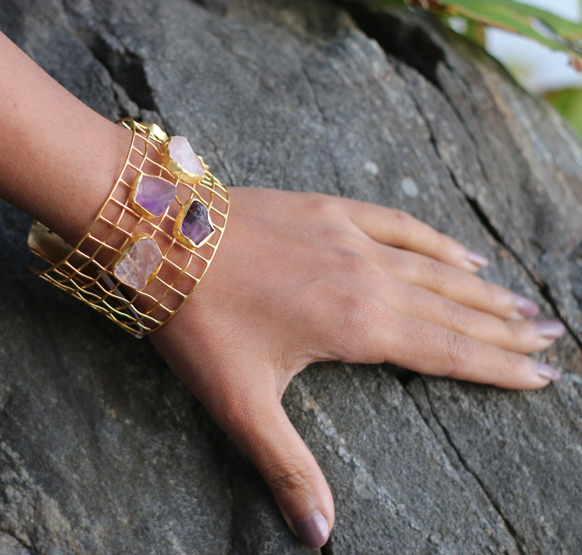 Cage Cuff With Natural Stones by Soenaar, handcrafted 18k gold-plated jewelry (photo 3)