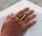 Bar Ring 18k Gold Plated Adjustable Ring Garnet / Black Onyx by Soenaar, handcrafted 18k gold-plated jewelry (photo 6)