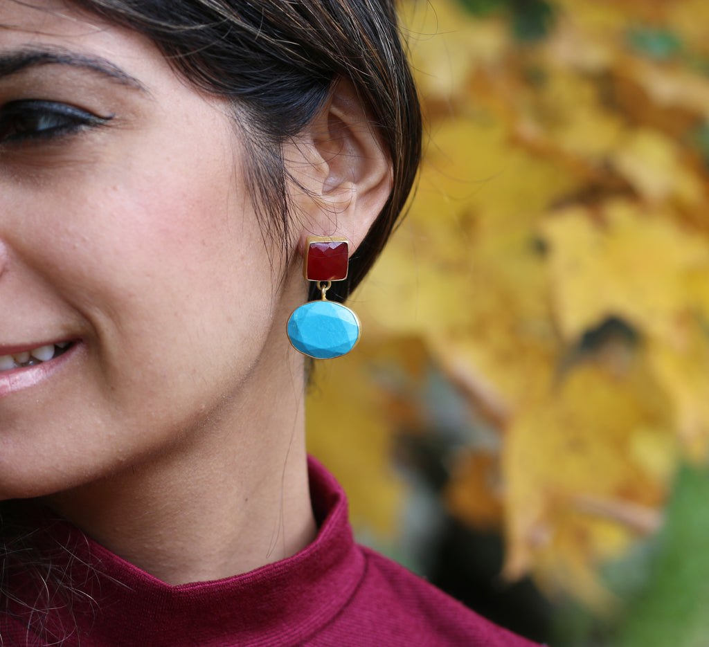 Embellish 18k Gold Plated Earrings Turquoise / Garnet by Soenaar, handcrafted 18k gold-plated jewelry (photo 5)