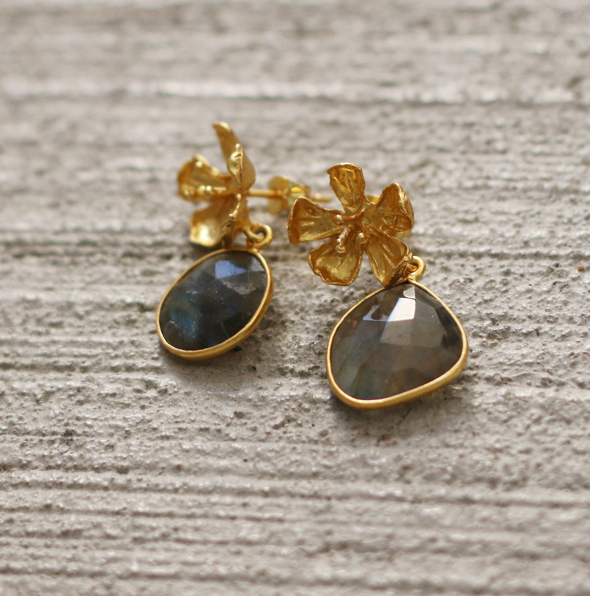 Floral Badge Earrings by Soenaar, handcrafted 18k gold-plated jewelry (photo 4)