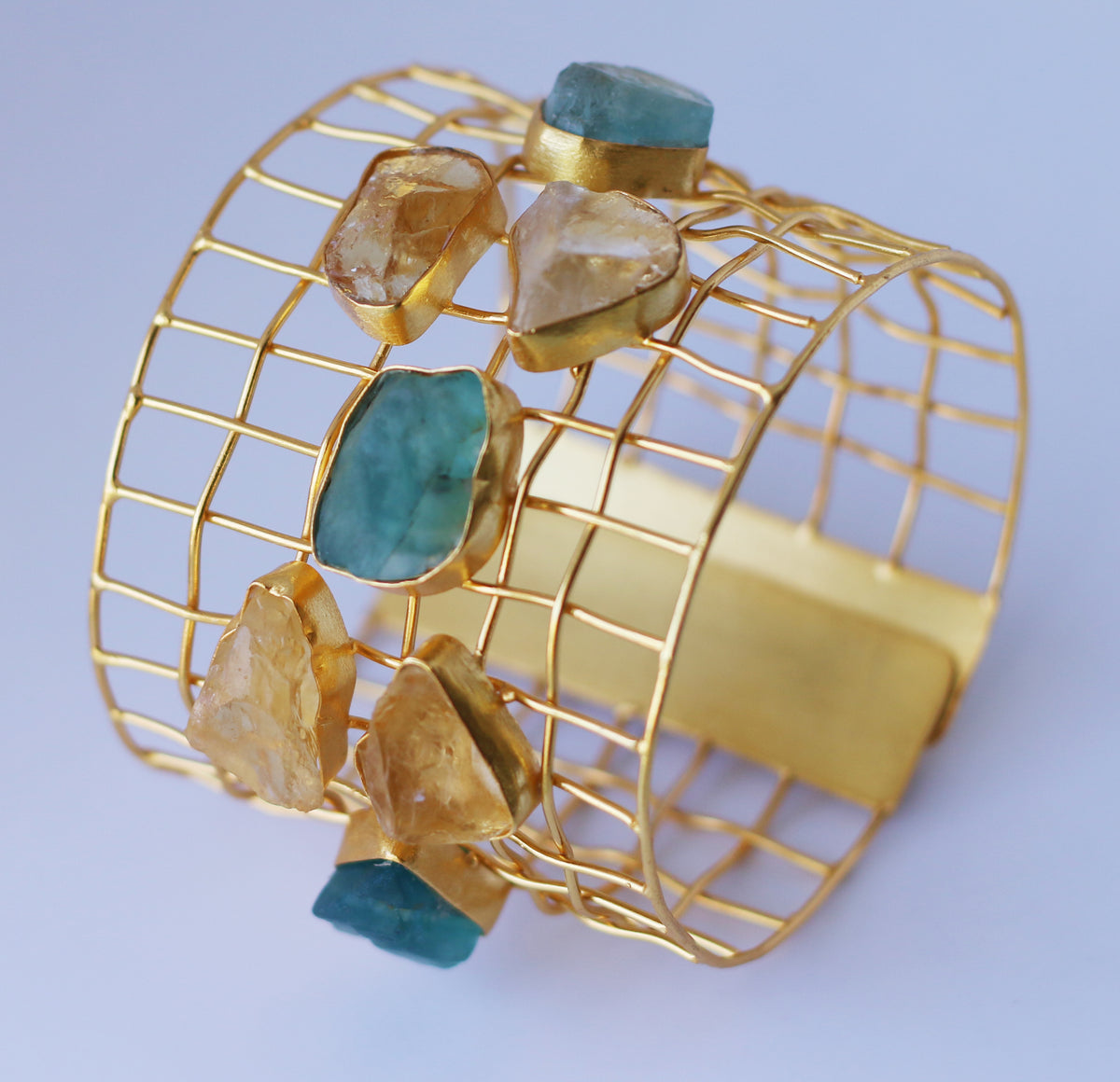 Cage Cuff With Natural Stones by Soenaar, handcrafted 18k gold-plated jewelry (photo 5)