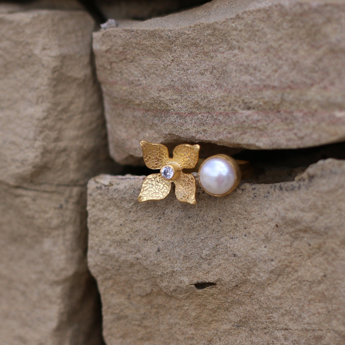 Pearl Flower Zircon Adjustable 18k Gold Plated Ring by Soenaar, handcrafted 18k gold-plated jewelry (photo 2)