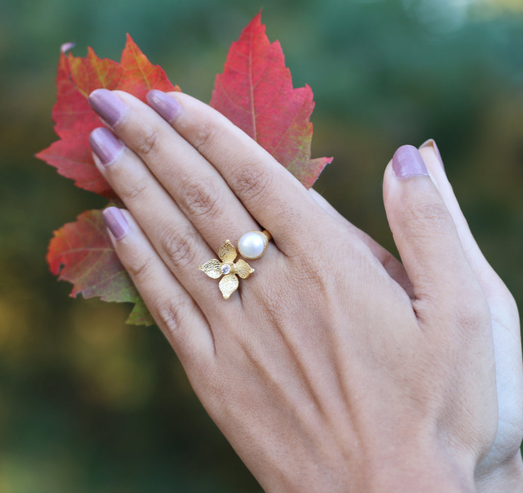 Pearl Flower Zircon Adjustable 18k Gold Plated Ring by Soenaar, handcrafted 18k gold-plated jewelry