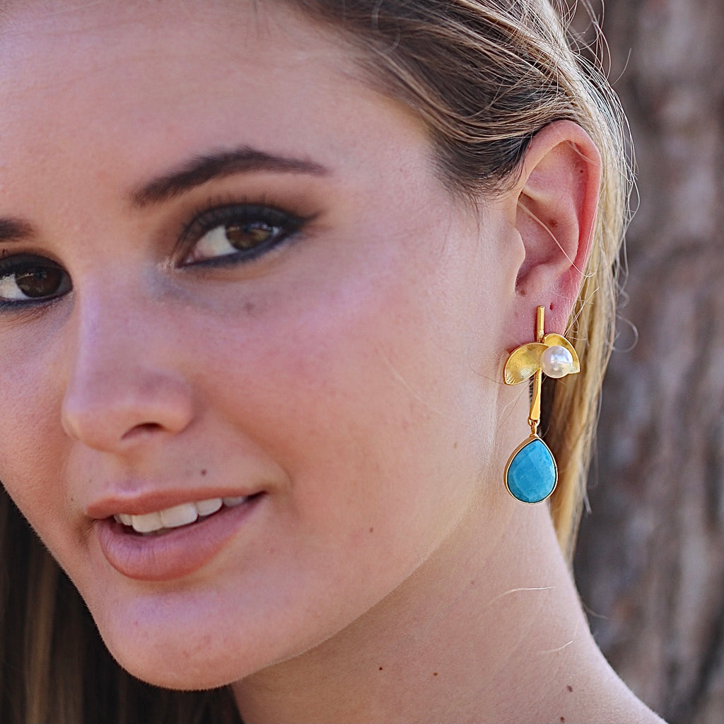 Pearl leaf drop earrings by Soenaar, handcrafted 18k gold-plated jewelry