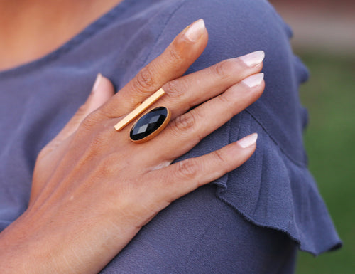 Bar Ring 18k Gold Plated Adjustable Ring Garnet / Black Onyx by Soenaar, handcrafted 18k gold-plated jewelry