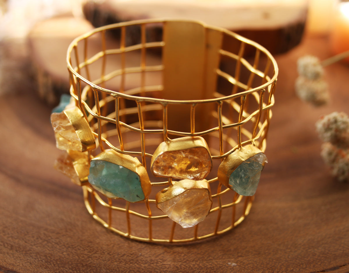 Cage Cuff With Natural Stones by Soenaar, handcrafted 18k gold-plated jewelry (photo 4)