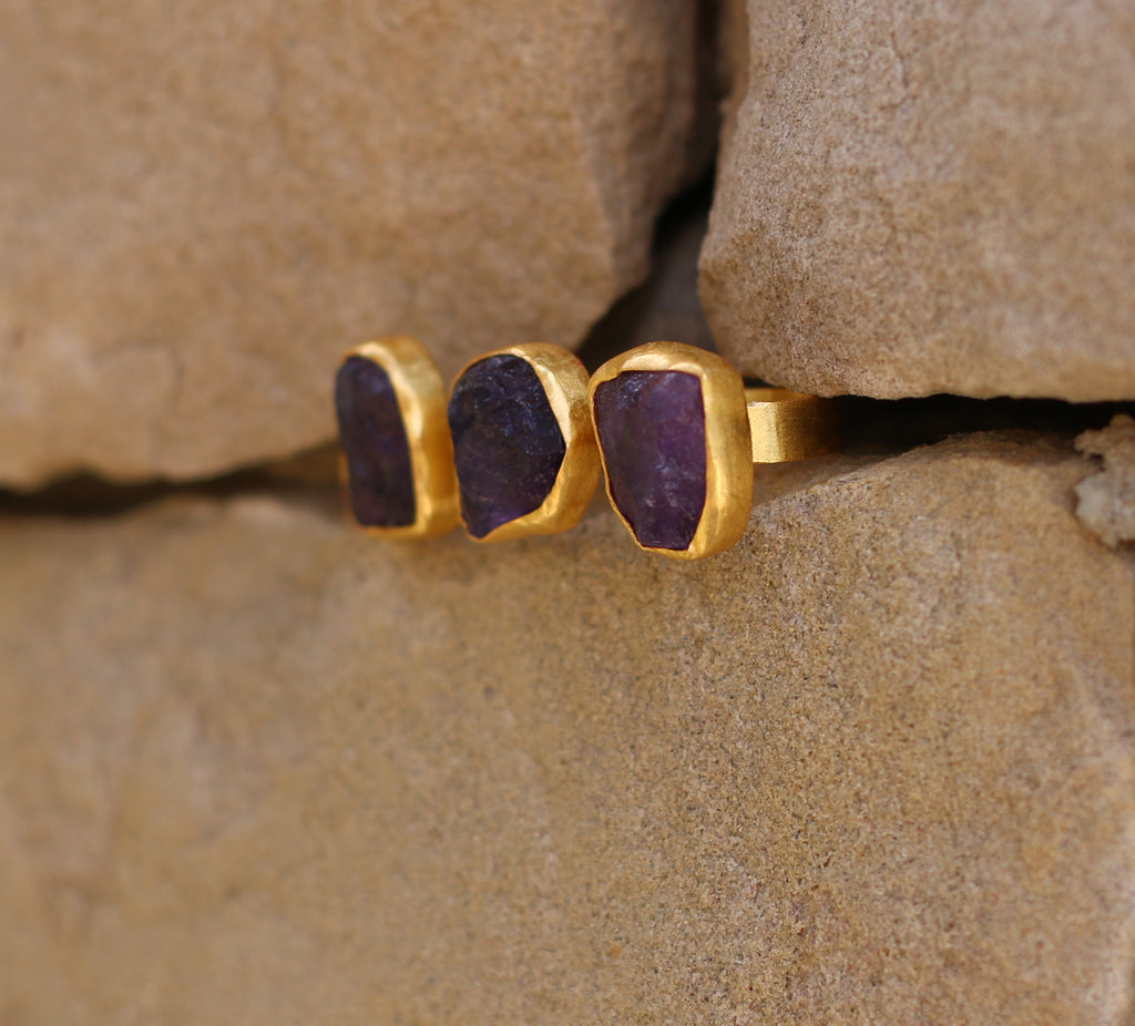 Twofold Adjustable Ring Amethyst / Citrine / Smoky Quartz by Soenaar, handcrafted 18k gold-plated jewelry (photo 3)