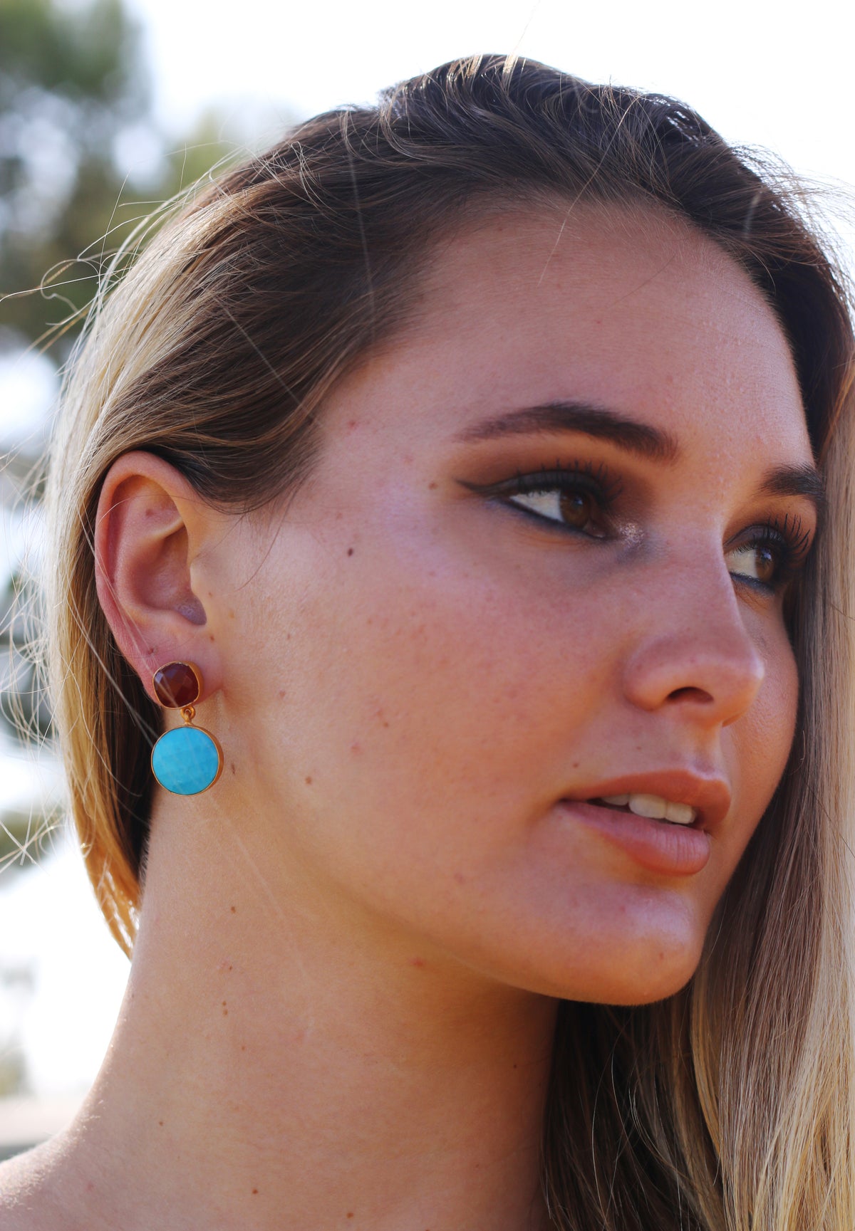 Embellish 18k Gold Plated Earrings Turquoise / Garnet by Soenaar, handcrafted 18k gold-plated jewelry (photo 2)