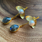 Pearl leaf drop earrings by Soenaar, handcrafted 18k gold-plated jewelry (photo 3)