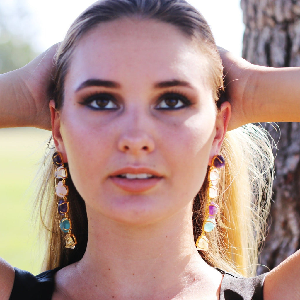 Multi Step Natural Stone Danglers by Soenaar, handcrafted 18k gold-plated jewelry