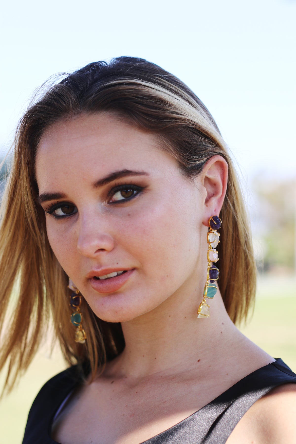 Multi Step Natural Stone Danglers by Soenaar, handcrafted 18k gold-plated jewelry (photo 3)