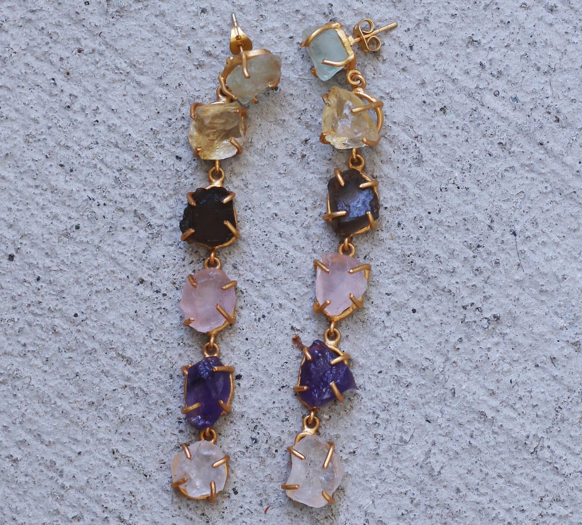 Multi Step Natural Stone Danglers by Soenaar, handcrafted 18k gold-plated jewelry (photo 4)
