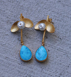 Pearl leaf drop earrings by Soenaar, handcrafted 18k gold-plated jewelry (photo 7)