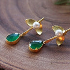 Pearl leaf drop earrings by Soenaar, handcrafted 18k gold-plated jewelry (photo 2)